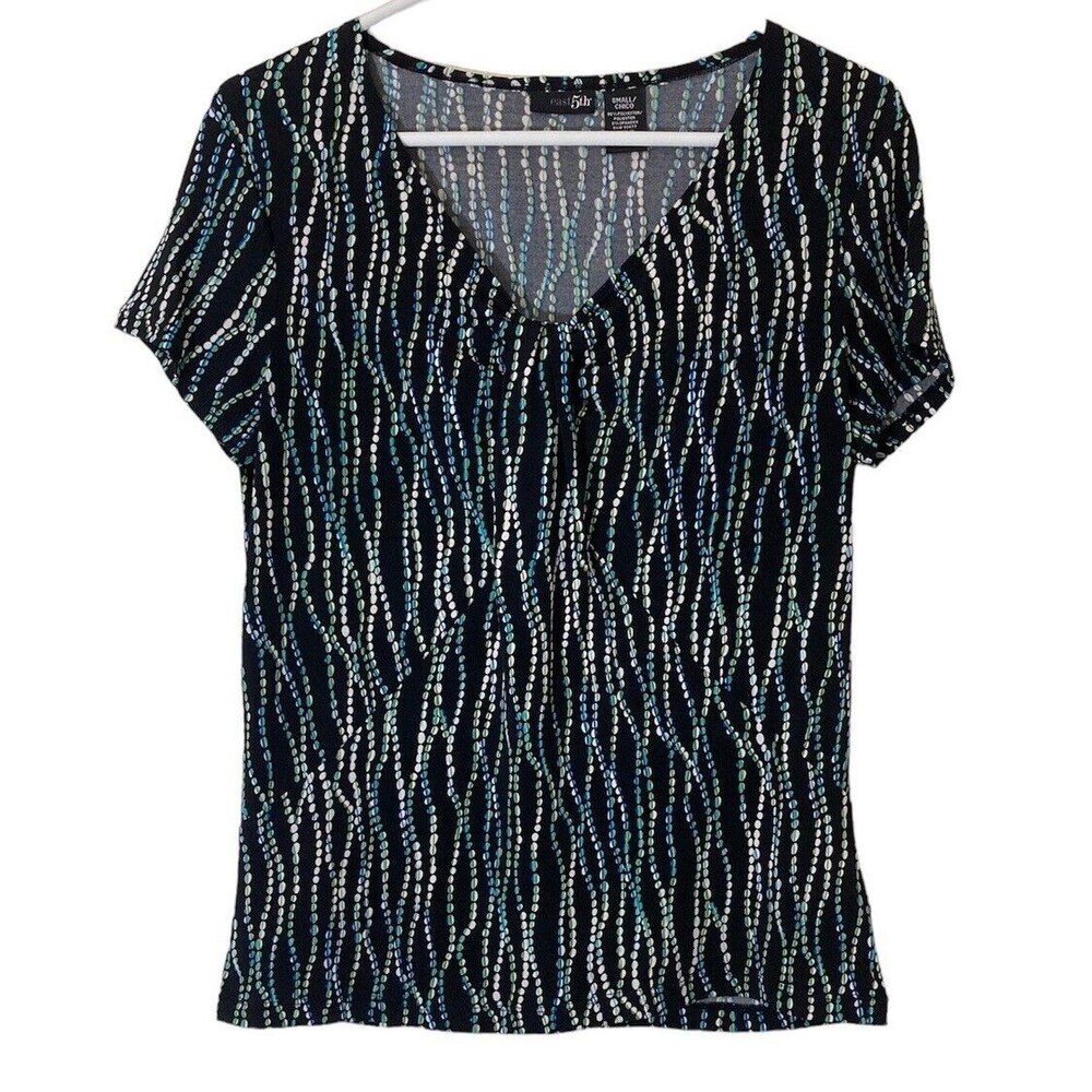 East 5th Womens Top S Blouse Pullover Black Teal Geometric Office Career
